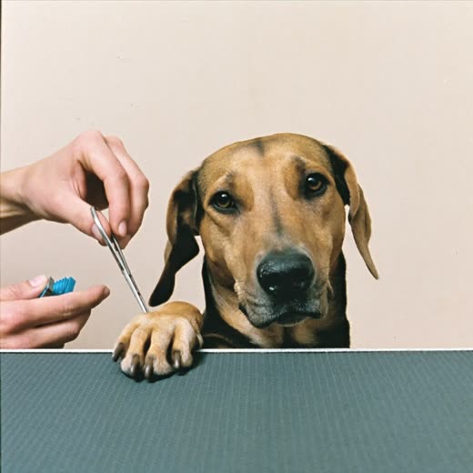 A dog's paw on a grooming table with nail clippers held beside it